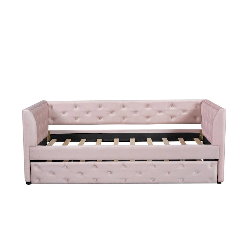 Twin Velvet Tufted Daybed with Trundle & Storage