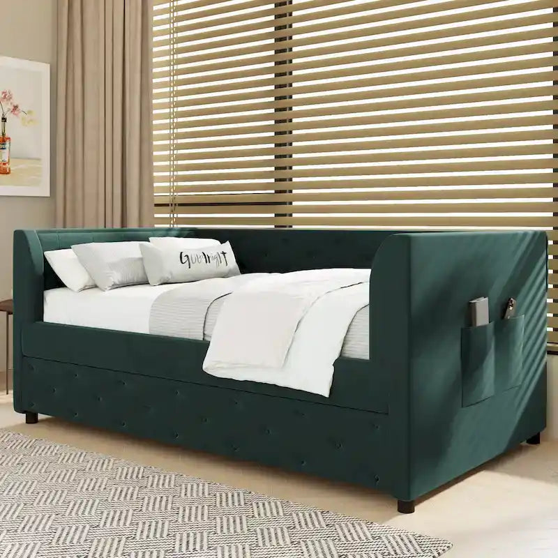 Twin Velvet Tufted Daybed with Trundle & Storage