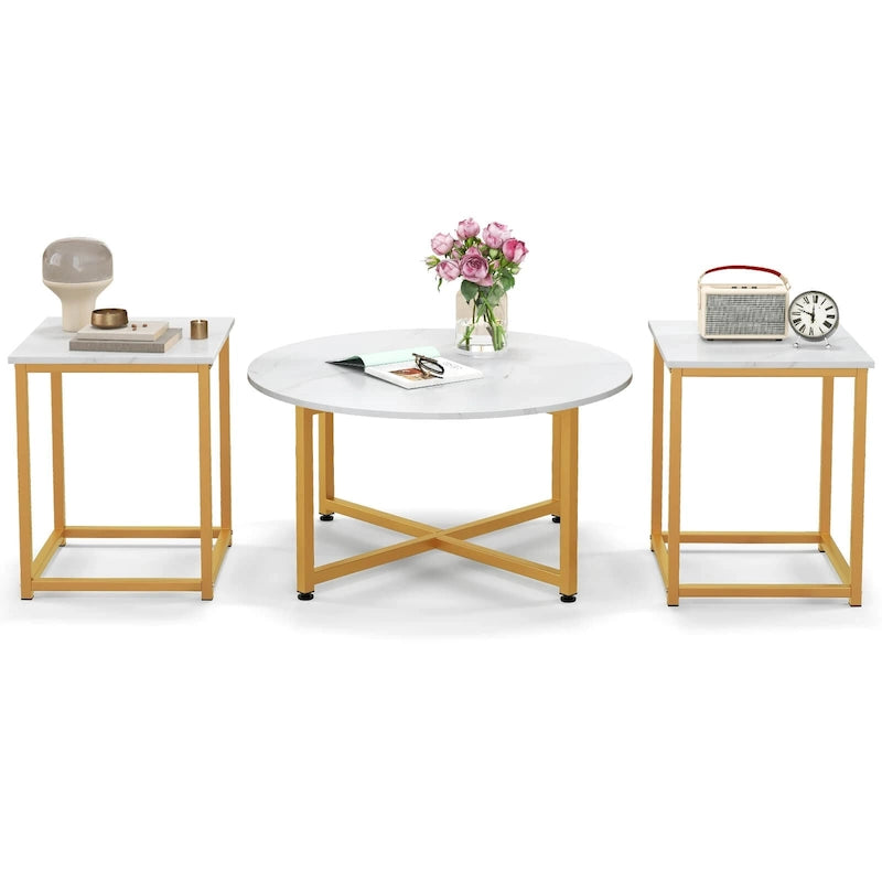 Costway 3 PCS Coffee Table Set Round Coffee Table and 2PCS Square End - See Details