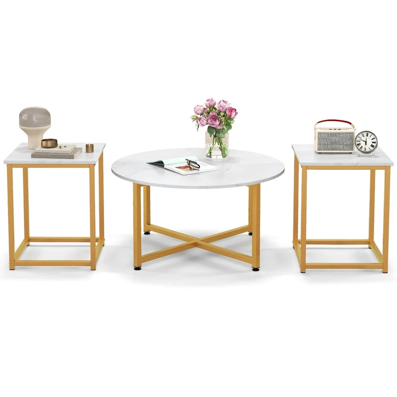 Costway 3 PCS Coffee Table Set Round Coffee Table and 2PCS Square End - See Details