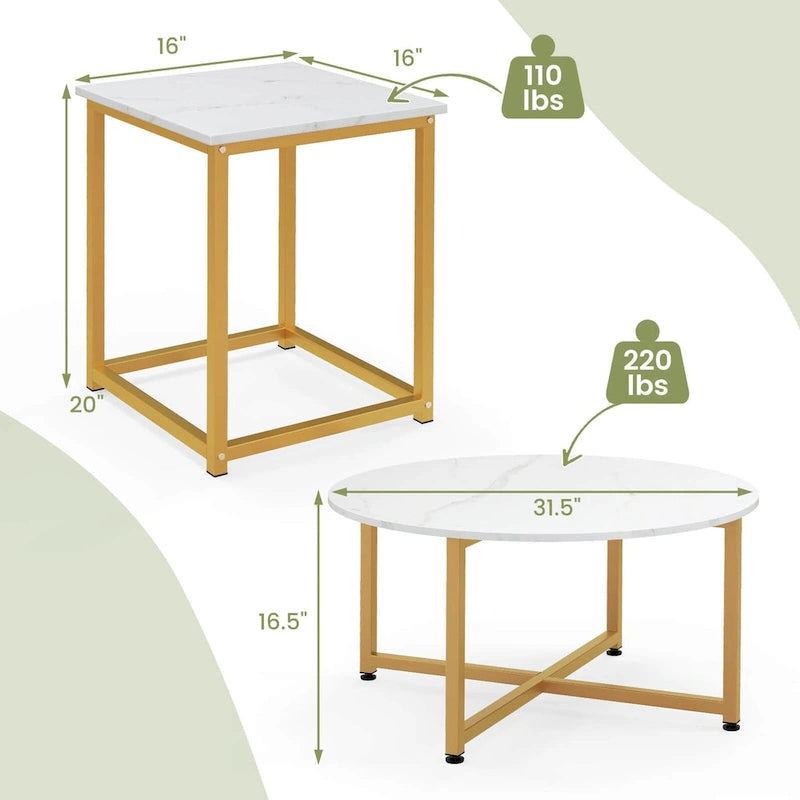Costway 3 PCS Coffee Table Set Round Coffee Table and 2PCS Square End - See Details