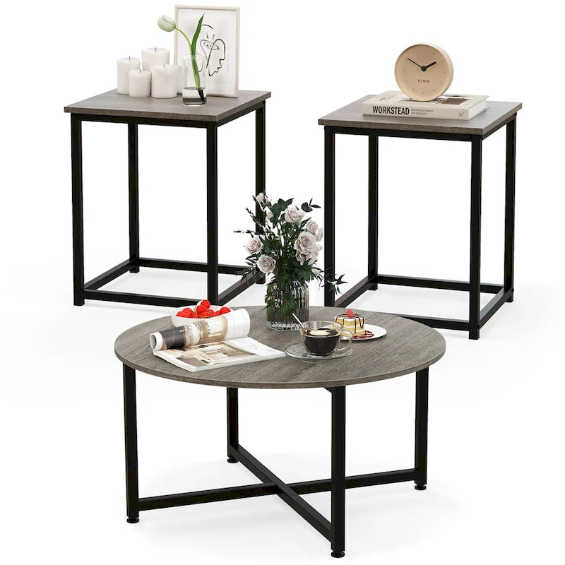 Costway 3 PCS Coffee Table Set Round Coffee Table and 2PCS Square End - See Details