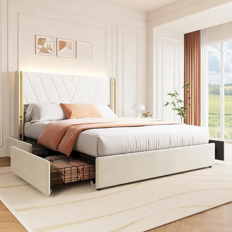 Upholstered Velvet Platform Bed Frame With Wingback Headboard and 4 Storage Drawers