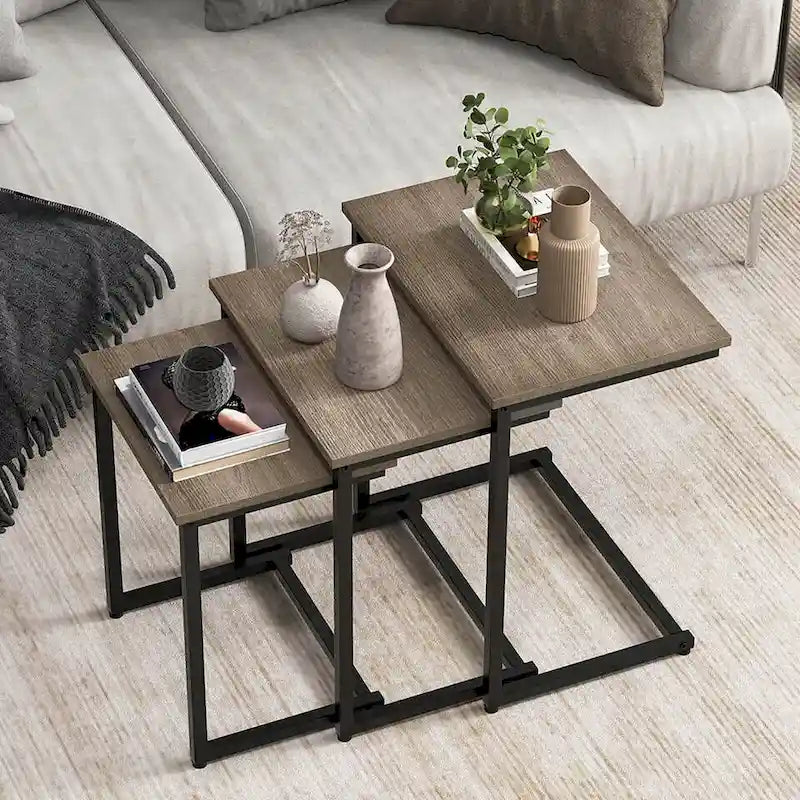 Gymax 3 Pcs Nesting Coffee End Table Set Stacking Side Nightstand