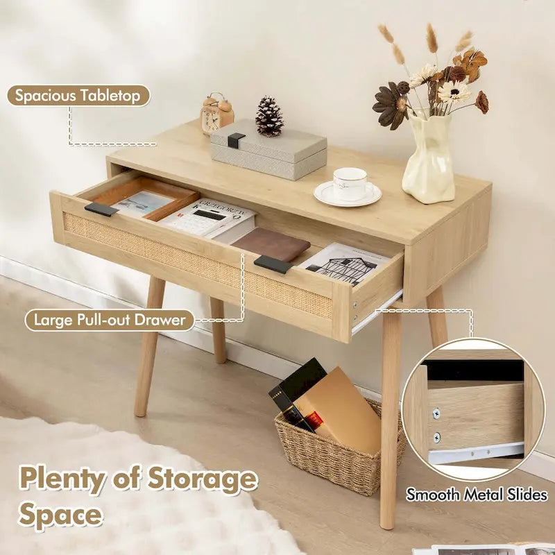 Costway Rattan Console Table with Pull-out Drawer Boho Style Entryway - See Details