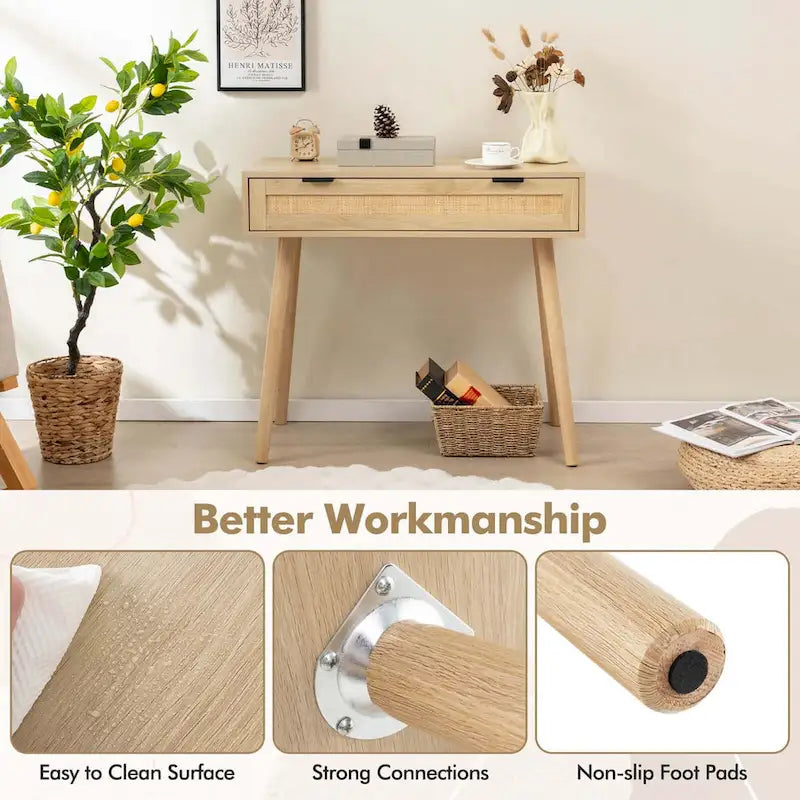Costway Rattan Console Table with Pull-out Drawer Boho Style Entryway - See Details
