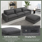 Sectional Sofa Cloud Sofa, Chenille Upholstered Sofa Couch with Movable Ottoman Charging Ports and 3 Back Pillows