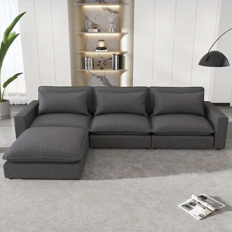 Sectional Sofa Cloud Sofa, Chenille Upholstered Sofa Couch with Movable Ottoman Charging Ports and 3 Back Pillows