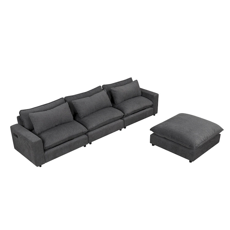 Sectional Sofa Cloud Sofa, Chenille Upholstered Sofa Couch with Movable Ottoman Charging Ports and 3 Back Pillows