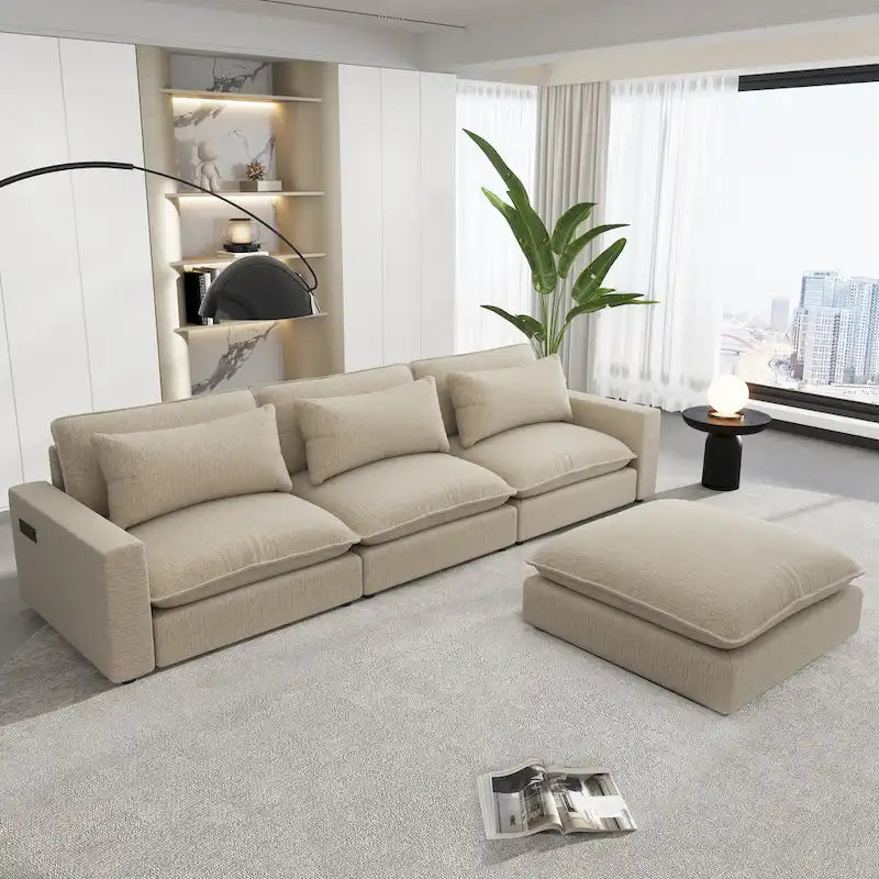 Sectional Sofa Cloud Sofa, Chenille Upholstered Sofa Couch with Movable Ottoman Charging Ports and 3 Back Pillows