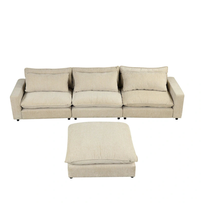 Sectional Sofa Cloud Sofa, Chenille Upholstered Sofa Couch with Movable Ottoman Charging Ports and 3 Back Pillows
