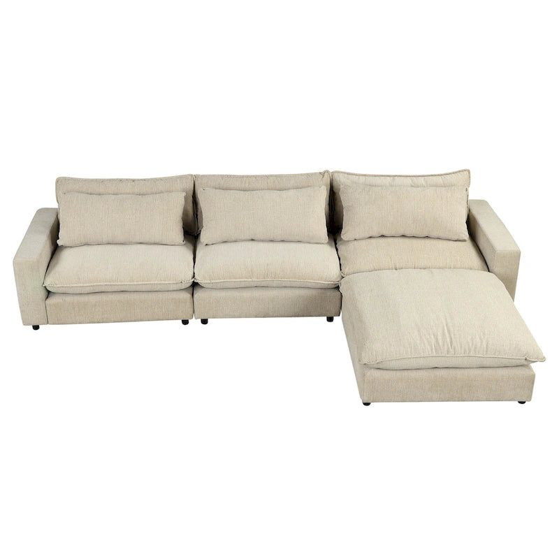 Sectional Sofa Cloud Sofa, Chenille Upholstered Sofa Couch with Movable Ottoman Charging Ports and 3 Back Pillows