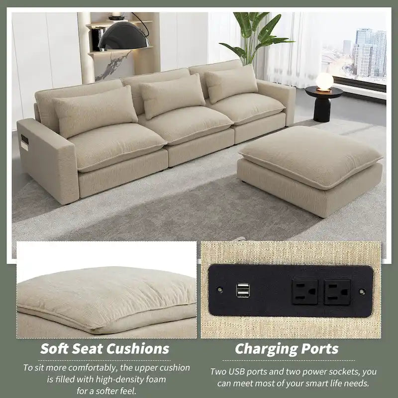 Sectional Sofa Cloud Sofa, Chenille Upholstered Sofa Couch with Movable Ottoman Charging Ports and 3 Back Pillows