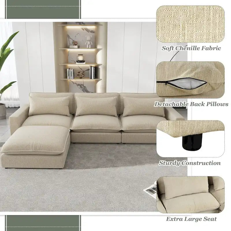 Sectional Sofa Cloud Sofa, Chenille Upholstered Sofa Couch with Movable Ottoman Charging Ports and 3 Back Pillows