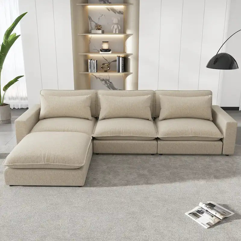 Sectional Sofa Cloud Sofa, Chenille Upholstered Sofa Couch with Movable Ottoman Charging Ports and 3 Back Pillows