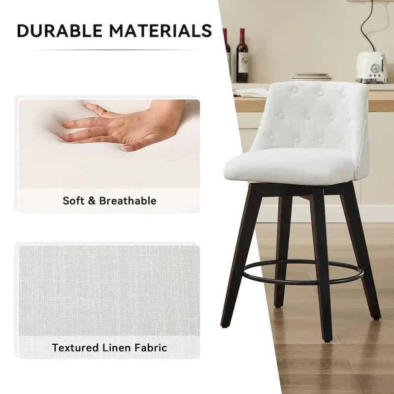 Modern Swivel Linen Upholstery Bar Stools Set of 2, with Button Tufted Back and Solid Wood Frame