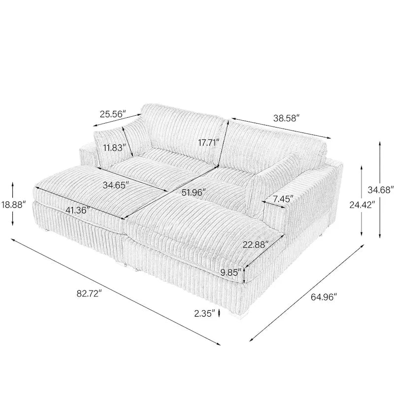 82 W Plush Corduroy Modular Sectional Sofa with Chaise Lounge