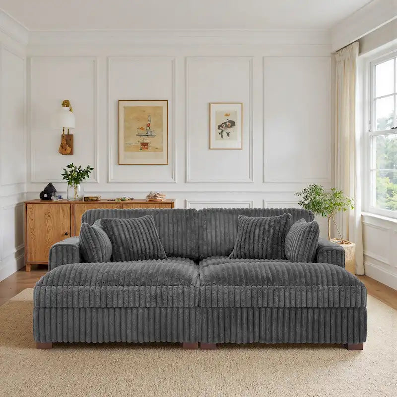 82 W Plush Corduroy Modular Sectional Sofa with Chaise Lounge