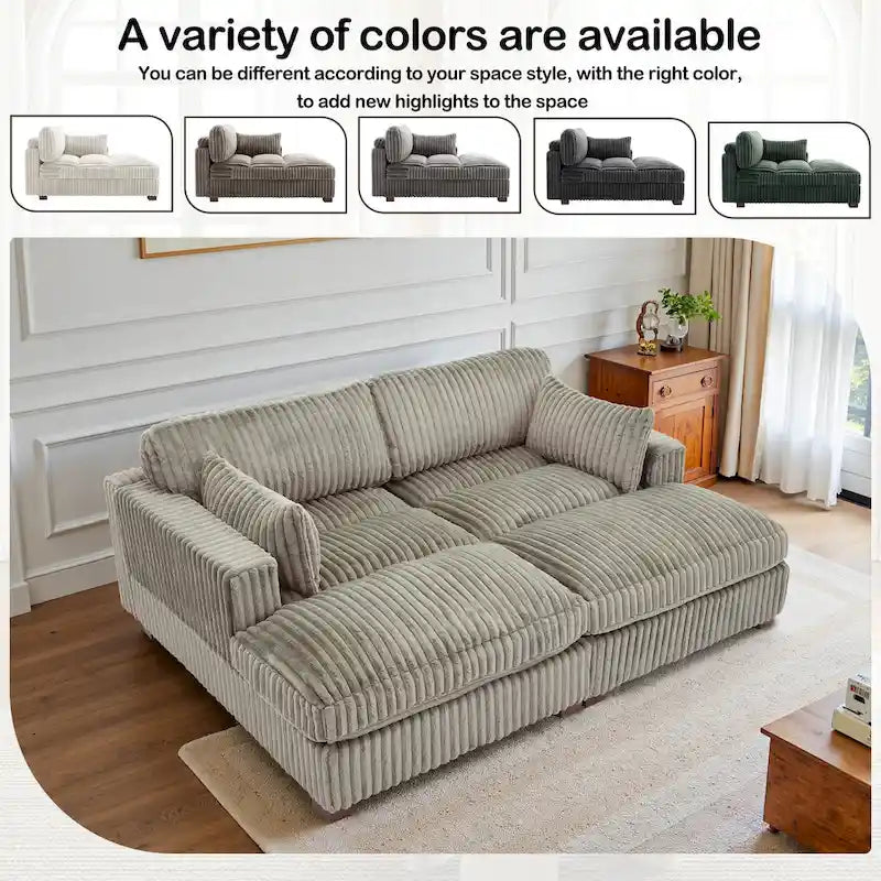 82 W Plush Corduroy Modular Sectional Sofa with Chaise Lounge