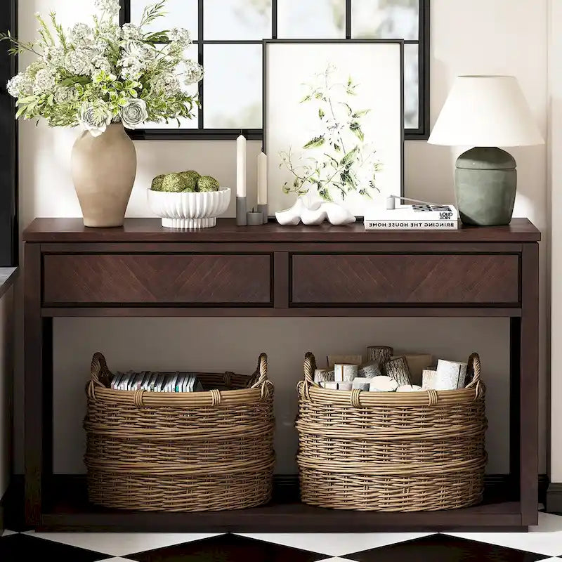 55 Rustic Console Table with Drawers and Open Shelf for Living Room