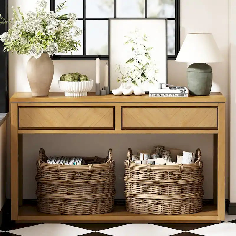 55 Rustic Console Table with Drawers and Open Shelf for Living Room