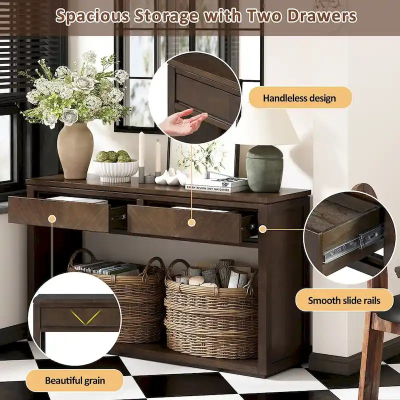 55 Rustic Console Table with Drawers and Open Shelf for Living Room