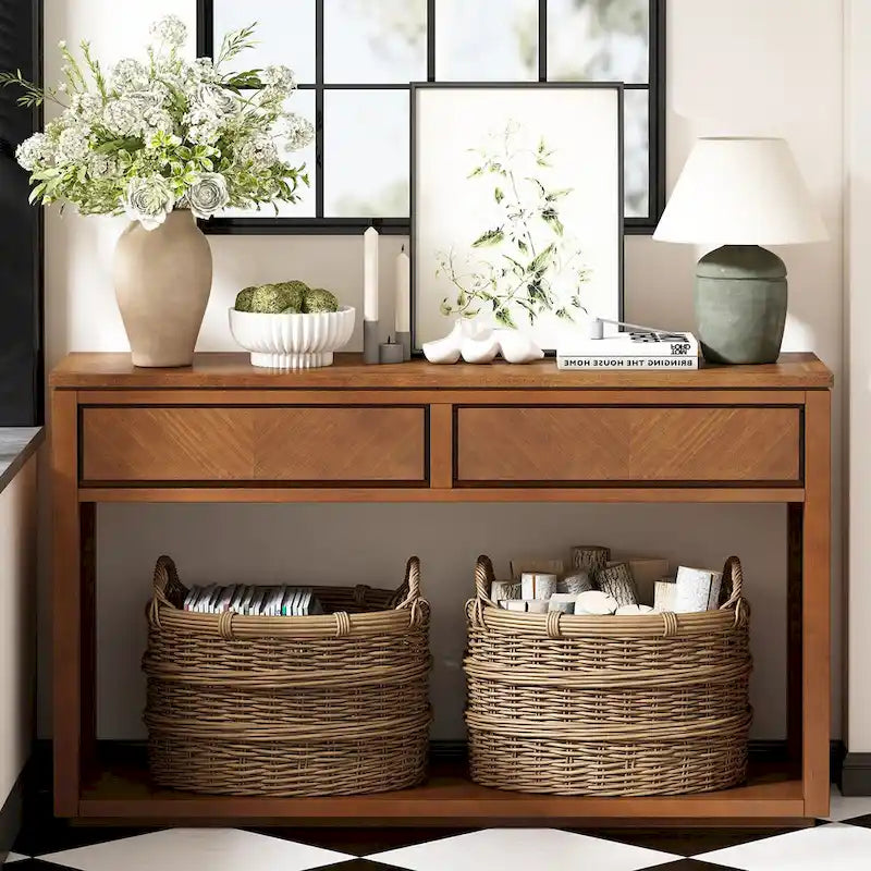 55 Rustic Console Table with Drawers and Open Shelf for Living Room