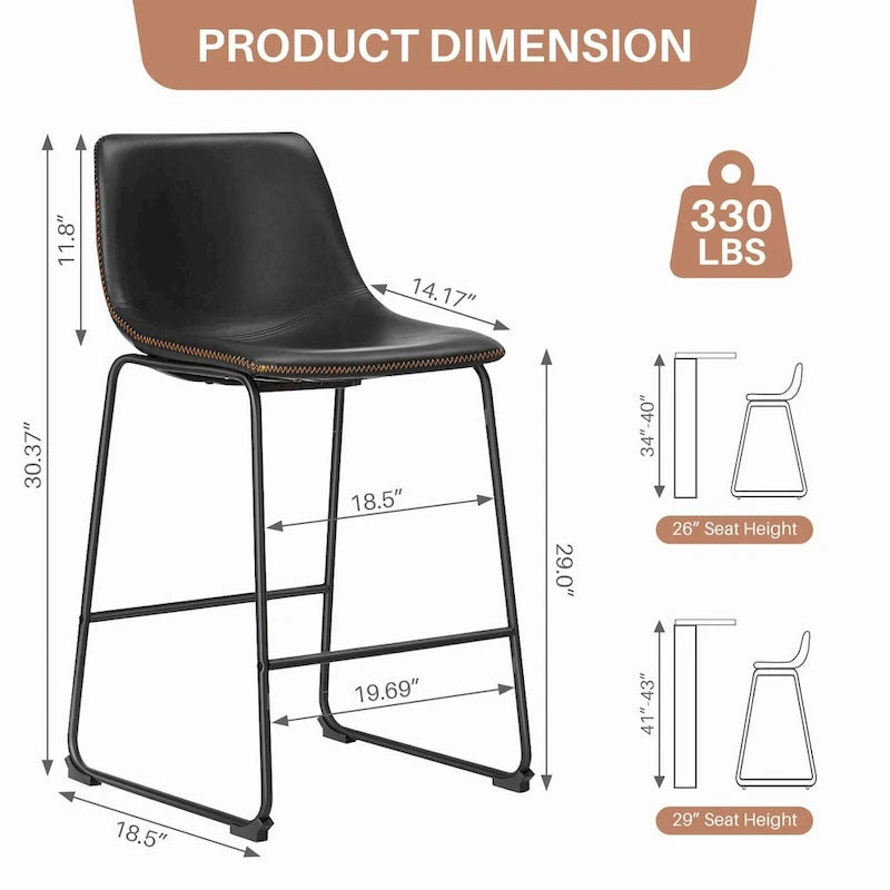 Classic Faux Leather 26 Inch Counter Height Bar Stools Set of 2 with Back and Metal Leg for Kitchen lsland