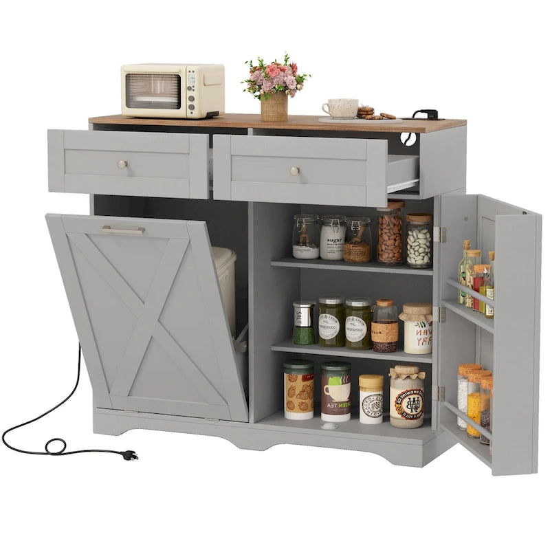 Gymax Tilt Out Trash Can Cabinet w/ Outlets 2 Drawers Adjustable Shelf