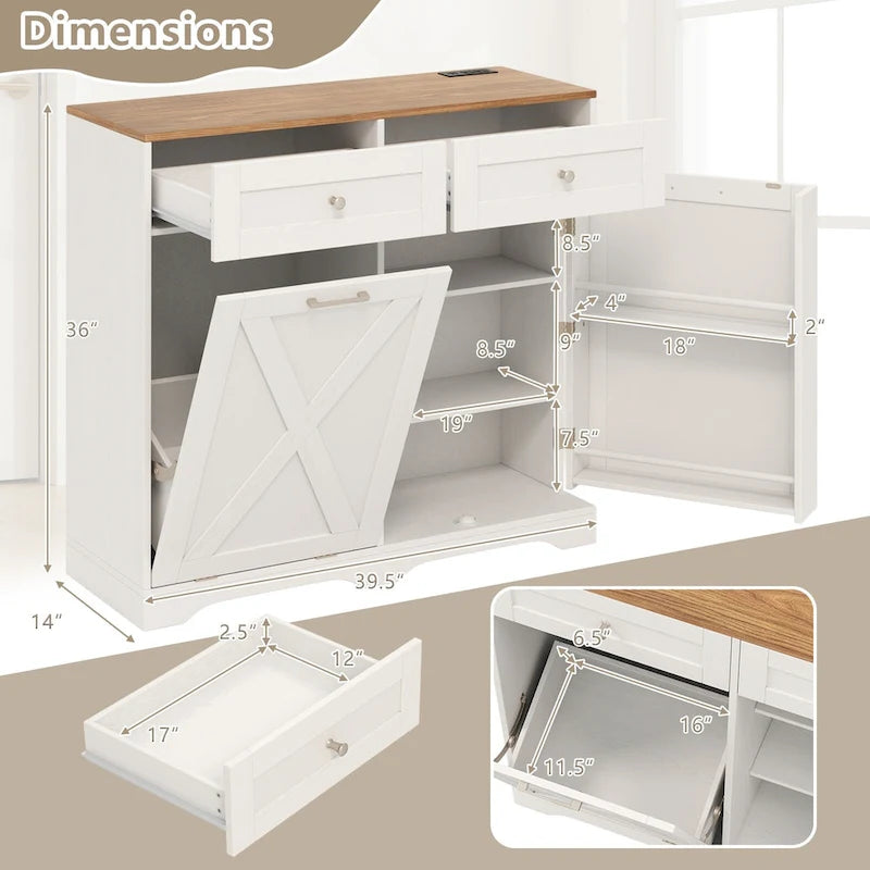 Gymax Tilt Out Trash Can Cabinet w/ Outlets 2 Drawers Adjustable Shelf