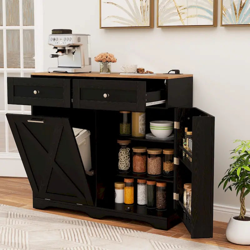 Gymax Tilt Out Trash Can Cabinet w/ Outlets 2 Drawers Adjustable Shelf