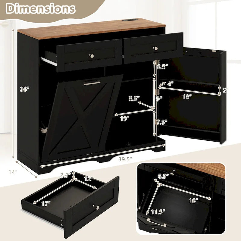 Gymax Tilt Out Trash Can Cabinet w/ Outlets 2 Drawers Adjustable Shelf