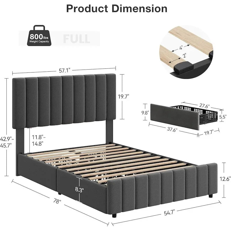 Bed Frame with 4 Storage Drawers and Adjustable Headboard, No Box Spring Needed