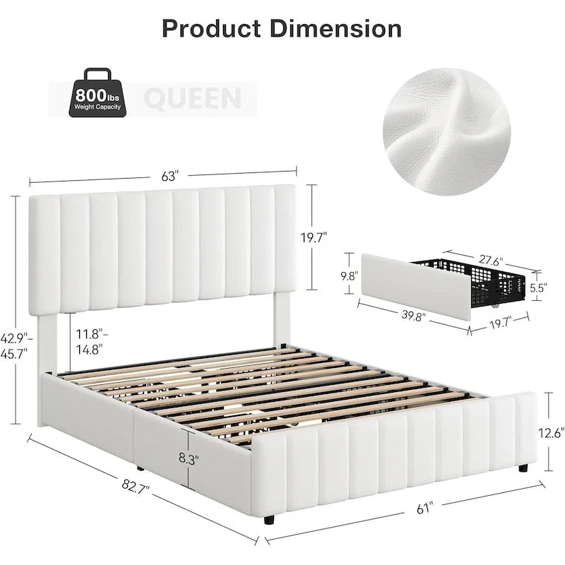 Bed Frame with 4 Storage Drawers and Adjustable Headboard, No Box Spring Needed