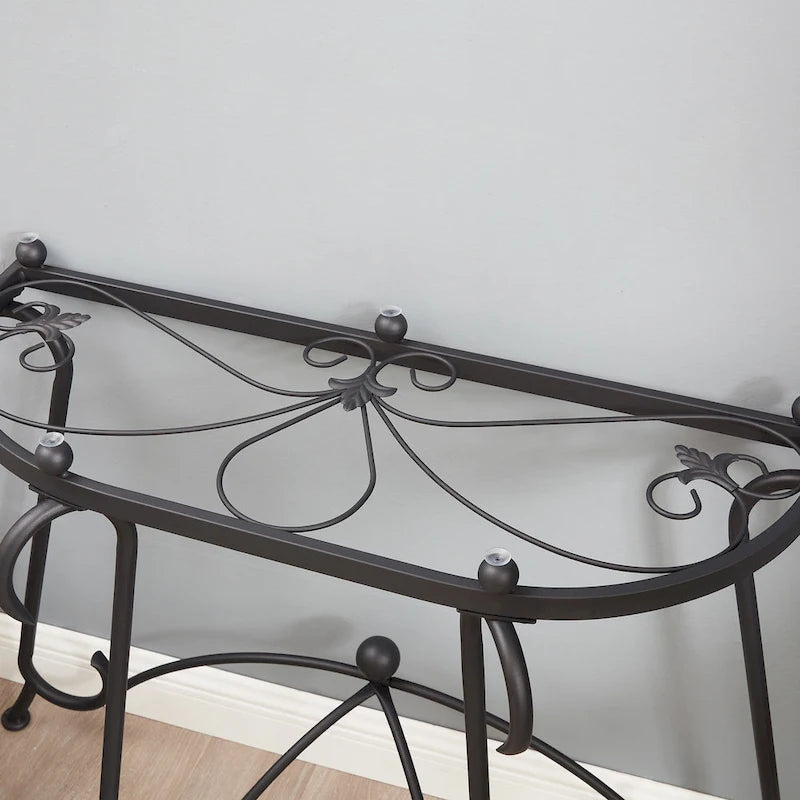 Tempered Glass Console Table, Rustic Decor Coffee Table with Metal Frame for Living Room