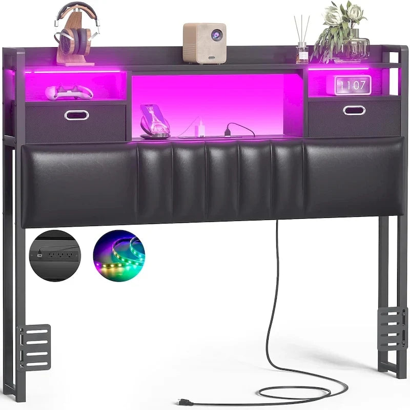 Upholstered Headboard with Drawer Storage and RGB LED Light, Sturdy Headboard with Charging Station  Bookcase