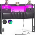 Upholstered Headboard with Drawer Storage and RGB LED Light, Sturdy Headboard with Charging Station  Bookcase
