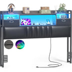 Upholstered Headboard with Drawer Storage and RGB LED Light, Sturdy Headboard with Charging Station  Bookcase