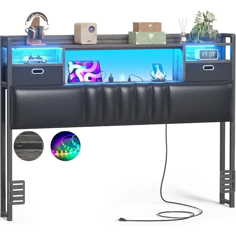 Upholstered Headboard with Drawer Storage and RGB LED Light, Sturdy Headboard with Charging Station  Bookcase