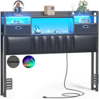 Upholstered Headboard with Drawer Storage and RGB LED Light, Sturdy Headboard with Charging Station  Bookcase