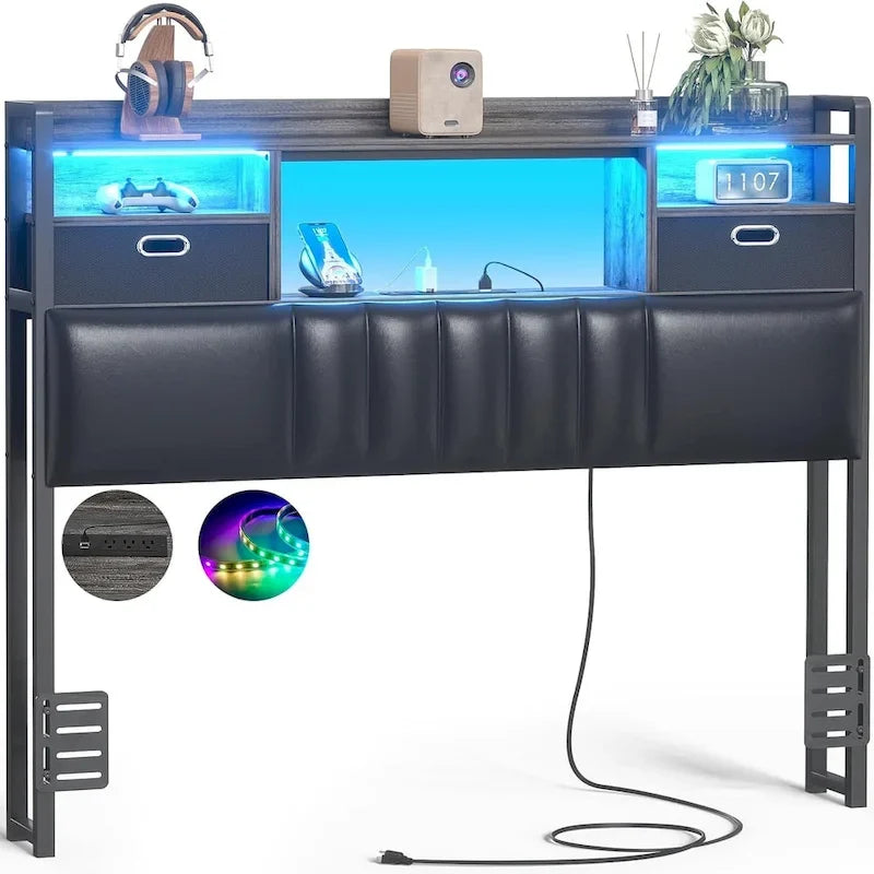 Upholstered Headboard with Drawer Storage and RGB LED Light, Sturdy Headboard with Charging Station  Bookcase