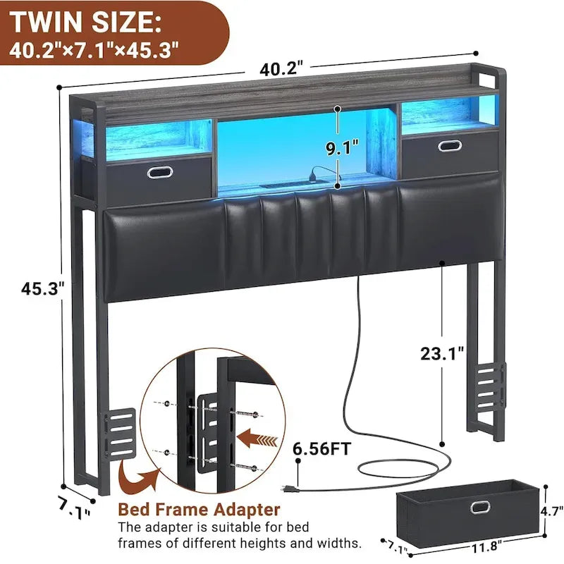 Upholstered Headboard with Drawer Storage and RGB LED Light, Sturdy Headboard with Charging Station  Bookcase