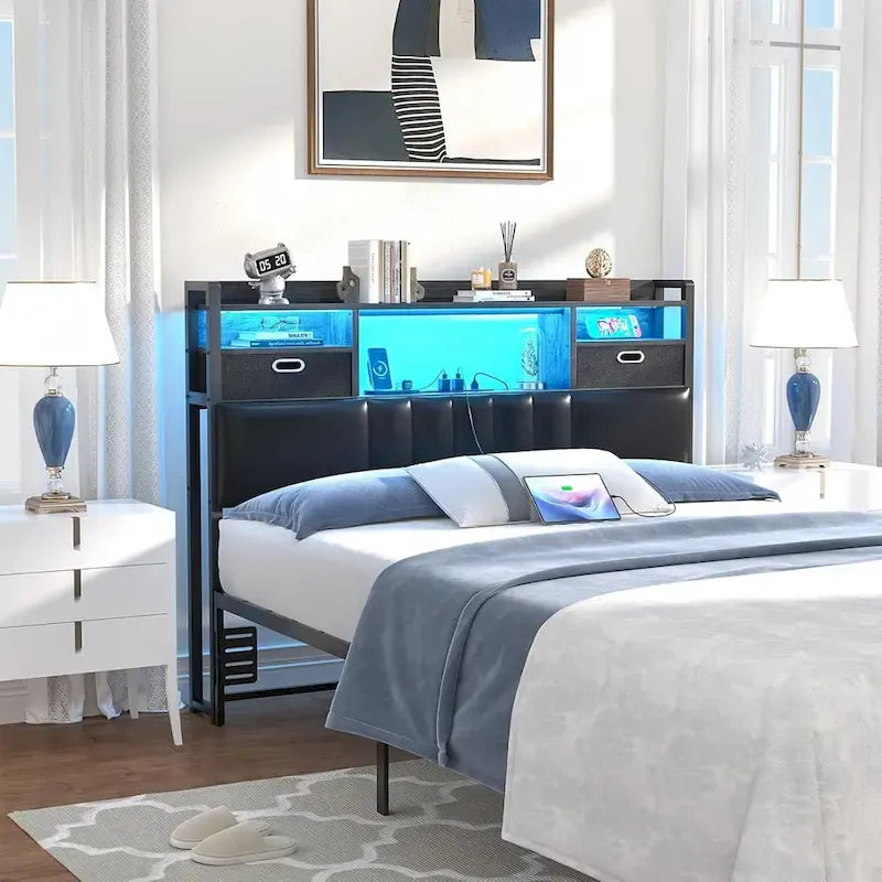 Upholstered Headboard with Drawer Storage and RGB LED Light, Sturdy Headboard with Charging Station  Bookcase