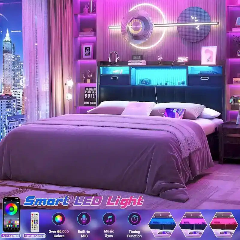 Upholstered Headboard with Drawer Storage and RGB LED Light, Sturdy Headboard with Charging Station  Bookcase