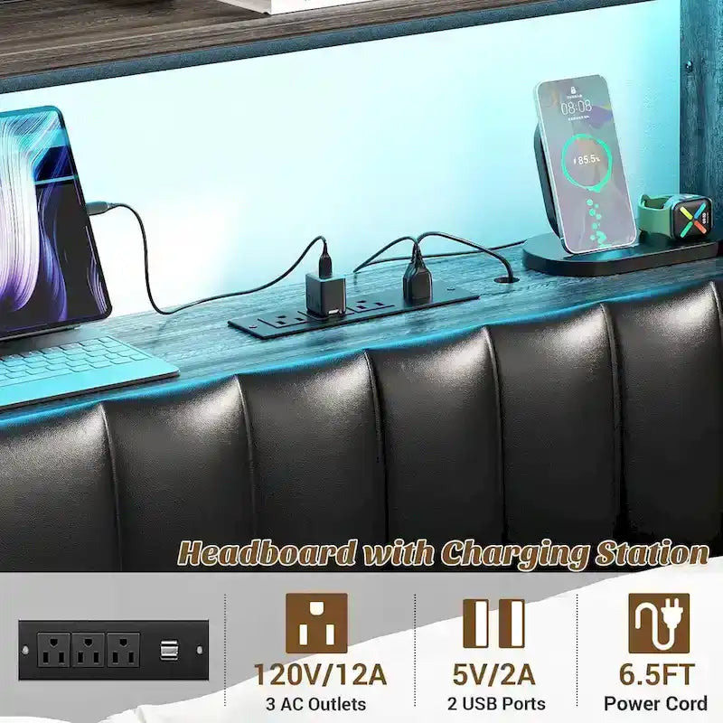 Upholstered Headboard with Drawer Storage and RGB LED Light, Sturdy Headboard with Charging Station  Bookcase