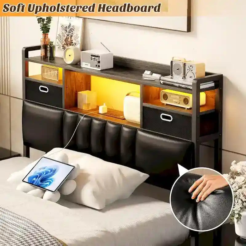 Upholstered Headboard with Drawer Storage and RGB LED Light, Sturdy Headboard with Charging Station  Bookcase