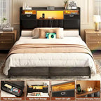Upholstered Headboard with Drawer Storage and RGB LED Light, Sturdy Headboard with Charging Station  Bookcase