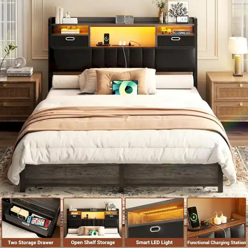 Upholstered Headboard with Drawer Storage and RGB LED Light, Sturdy Headboard with Charging Station  Bookcase