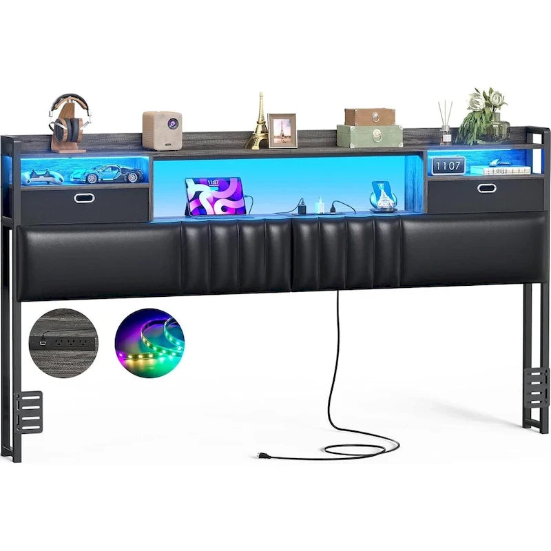 Upholstered Headboard with Drawer Storage and RGB LED Light, Sturdy Headboard with Charging Station  Bookcase