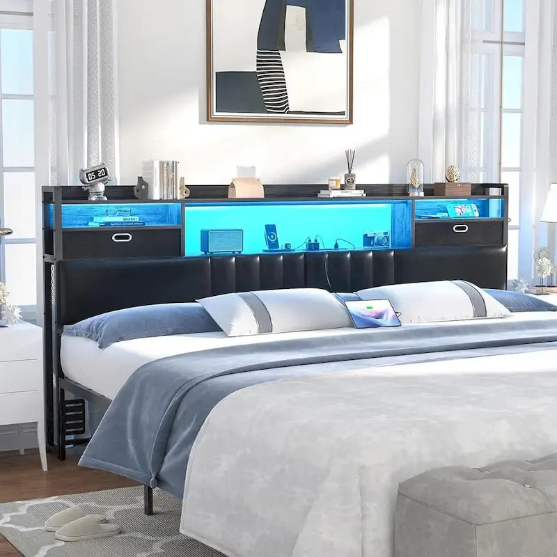 Upholstered Headboard with Drawer Storage and RGB LED Light, Sturdy Headboard with Charging Station  Bookcase